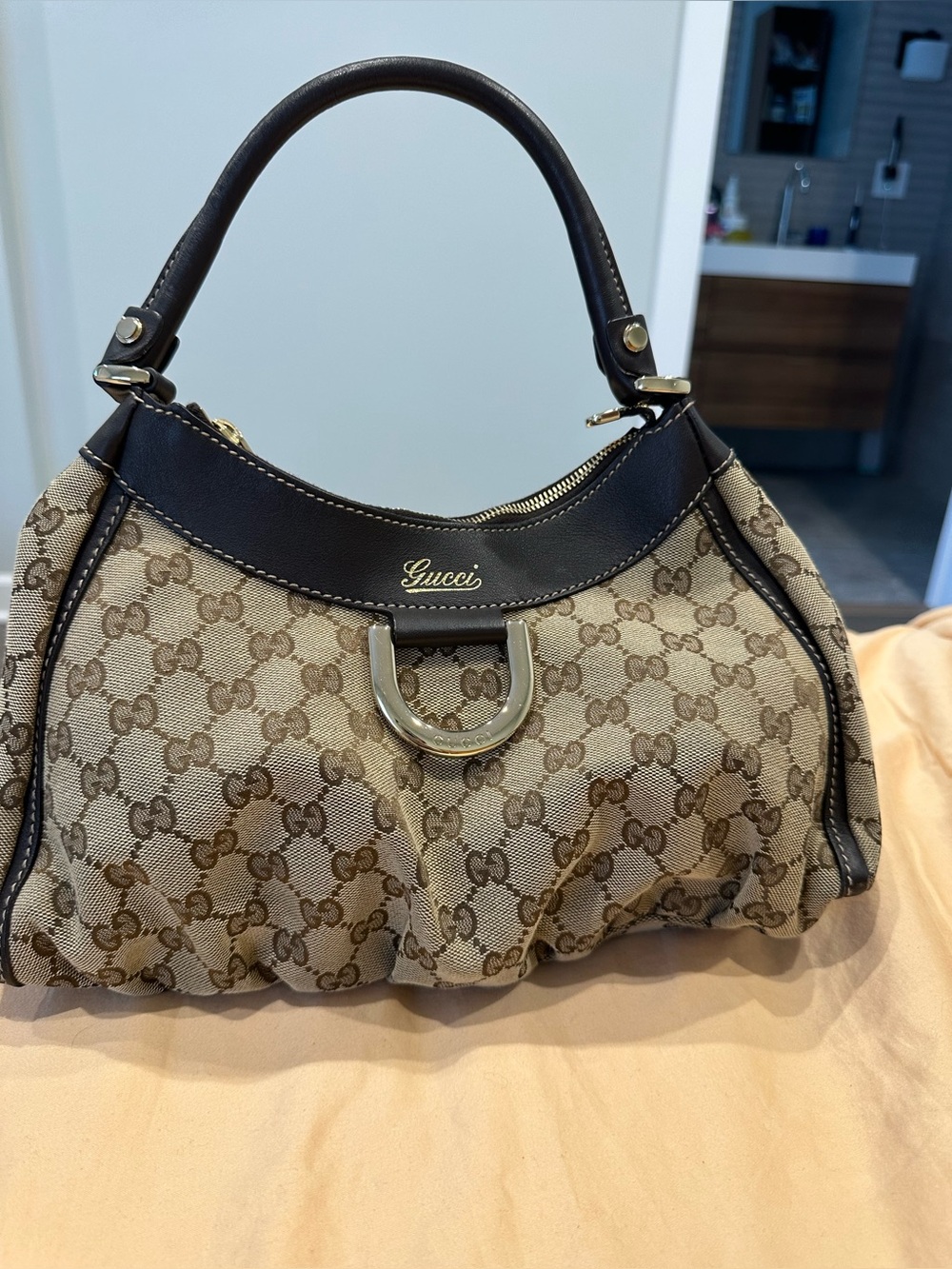 Gucci Beige Abbey D Ring Canvas with Dark Brown Trim. Excellent Condition